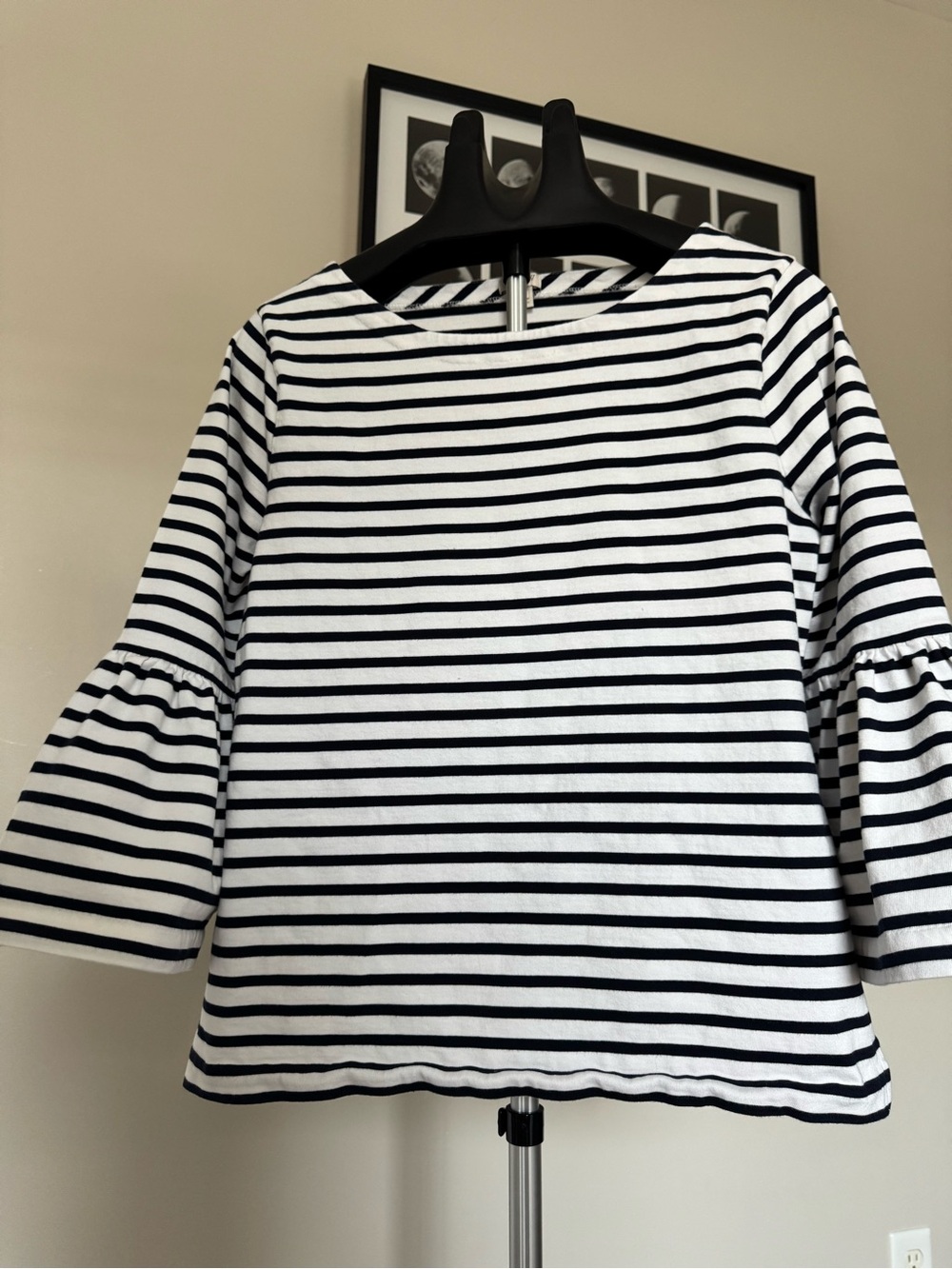 J. Crew Navy Blue & White Striped Bell-Sleeve Top L 100%Cotton